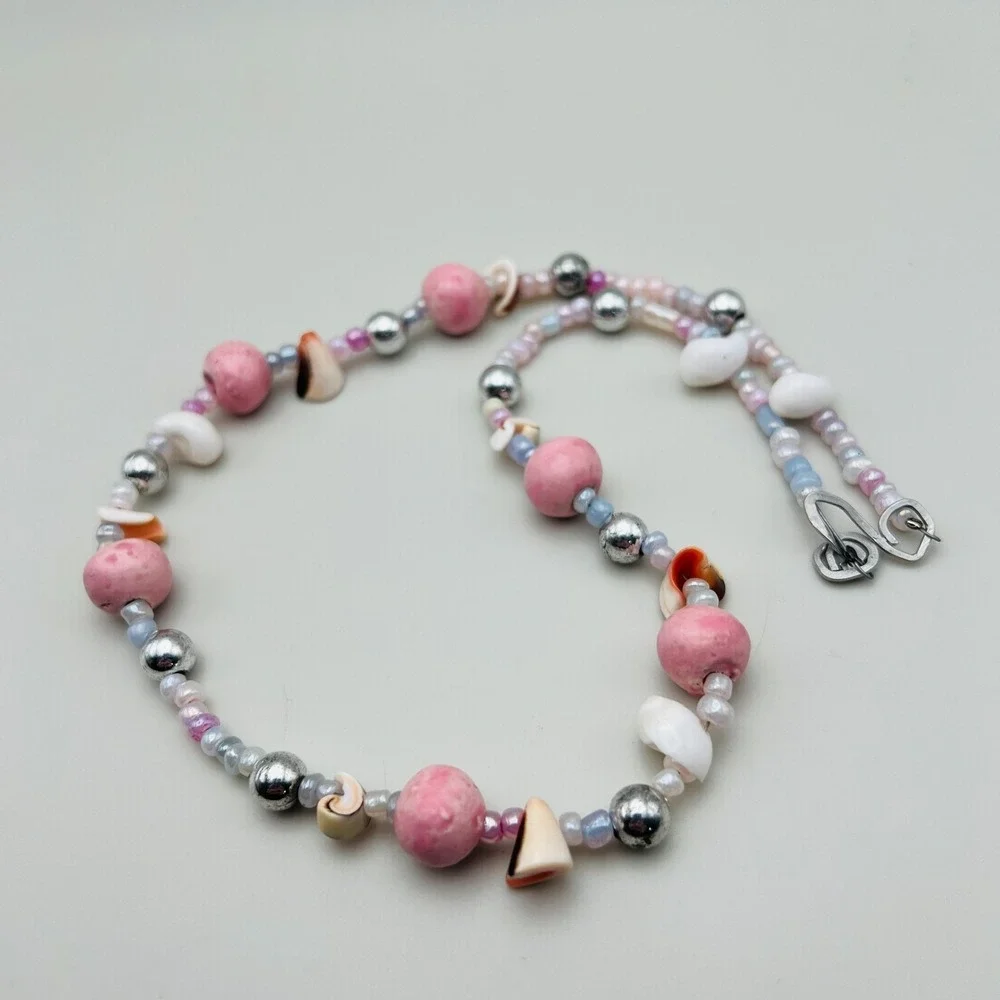 Beaded Necklace Pink White Shell Mixed Bead Silver Tone Pastel Coastal Style 20